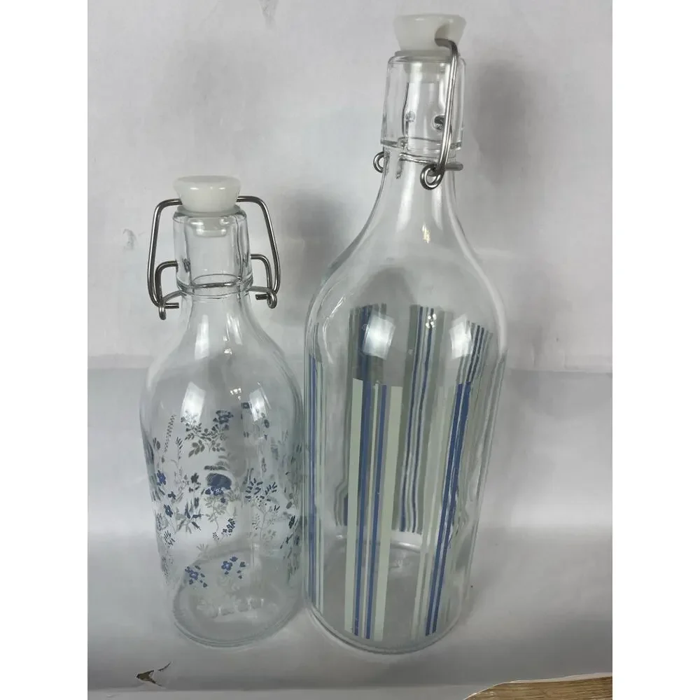 Set Of 2 Retired IKEA KORKEN Glass Bottles w/ Stopper Blue Green Floral Stripes